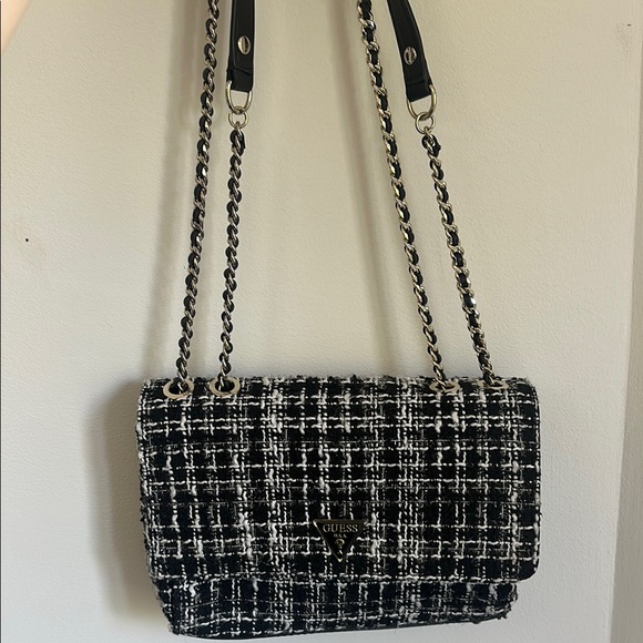 Guess Black and White Tweed Crossbody Bag with Chain Strap - Picture 2 of 3